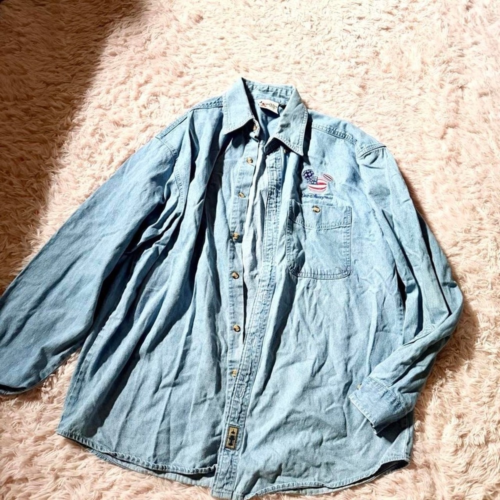 Vintage 90s Disney Flag Patriotic Embroidered Mickey Mouse Button Down Womens M‎